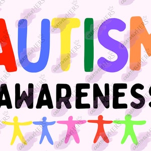 May include: A colorful graphic promoting Autism Awareness. The word "AUTISM" is displayed in red, blue, yellow, green, purple, and orange. Below, the words "AWARENESS" are in black. The image includes stylized figures and puzzle pieces.