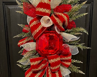 Christmas Wreath | Red and Gold Swag Christmas Wreath | Front Door Wreath | Red Gem wreath | Christmas Wreath | Red Jewel Swag