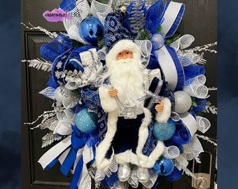 Christmas Wreath | Santa Christmas Wreath | Front Door Wreath | Santa wreath  | Santa Decor  | Blue and Silver Wreath| Cowboys Wreath