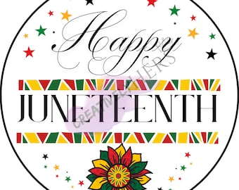 May include: A circular design with the words "Happy Juneteenth" in black script. The design includes a colorful flower, stars, and a geometric pattern in red, yellow, and green, set against a white background.