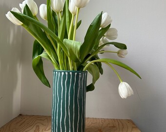 90's French Picnic Vase: Satin Green + White Stripes
