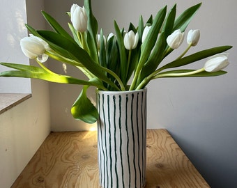 90's French Picnic Vase: White + Forest Green Stripes