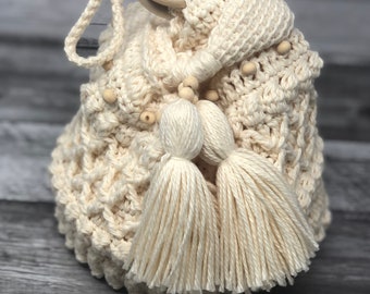 Boho Beaded Japanese Knot Bridal Bag, Crochet Pouch, Crochet Knot Bag, Crochet Wristlet, Boho Purse, Boho Wristlet, Beaded Crochet Purse