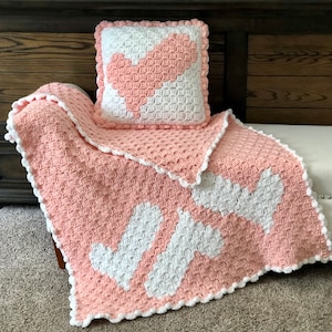 Wonky Heart Blankie & Pillow C2C Pattern, Corner to Corner Crochet Pattern, Crochet Blanket Pattern, Crochet Pillow Pattern, Kids Blanket image 1