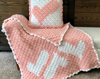 Wonky Heart Blankie & Pillow C2C Pattern, Corner to Corner Crochet Pattern, Crochet Blanket Pattern, Crochet Pillow Pattern, Kids Blanket
