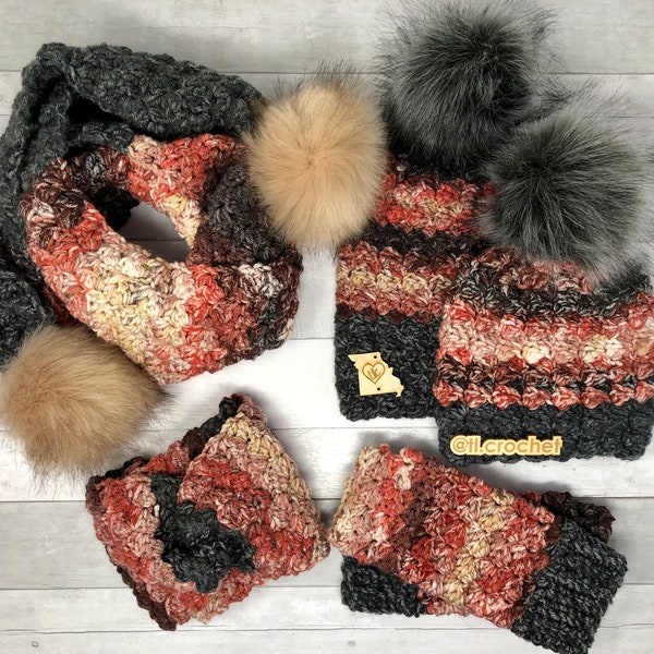 Crochet Pebble Creek 4-Pack Bundle, EASY Crochet Pattern, Crochet Texting Gloves, Crochet Beanie, Crochet Scarf, Crochet Twisted Ear Warmer