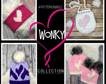 Wonky Heart 4-Pattern Bundle, PDF Crochet Pattern Downloads, Triple Wonky Heart Beanie, Wonky Heart Earwarmer, Wonky Heart Purse, Heart Hat