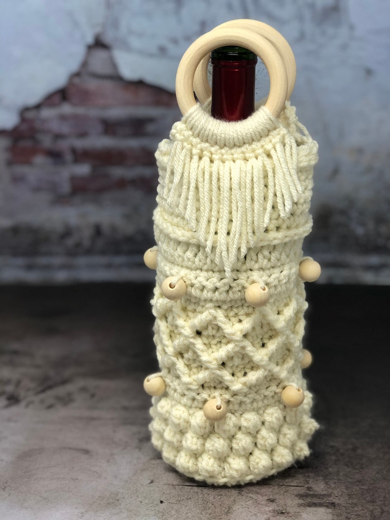 Boho Wine Tote, Crochet Wine Tote, Bolsa de regalo de ganchillo, Bolsa de vino DIY, Bolsa de regalo DIY, Patrón de ganchillo, Boda en bodega, Regalo de boda, Regalo de ducha imagen 1