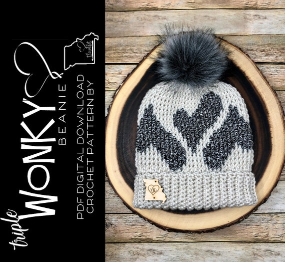 Triple Wonky Heart Beanie, Crochet Pattern, Brim First, Pom  display picture 3