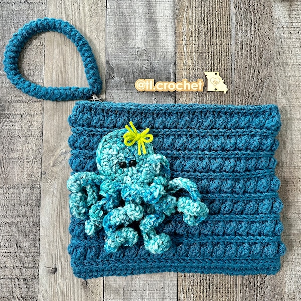 Stonebridge Pouch Crochet Pattern, PDF Digital Download, Crochet Makeup Bag, Pencil Pouch, Cosmetic Bag, Crochet Wristlet, Octopus Applique