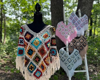 【D&G】Granny square/WOOL crochet Poncho Crochet Granny Square Poncho / Handmade Shawl – Good Day