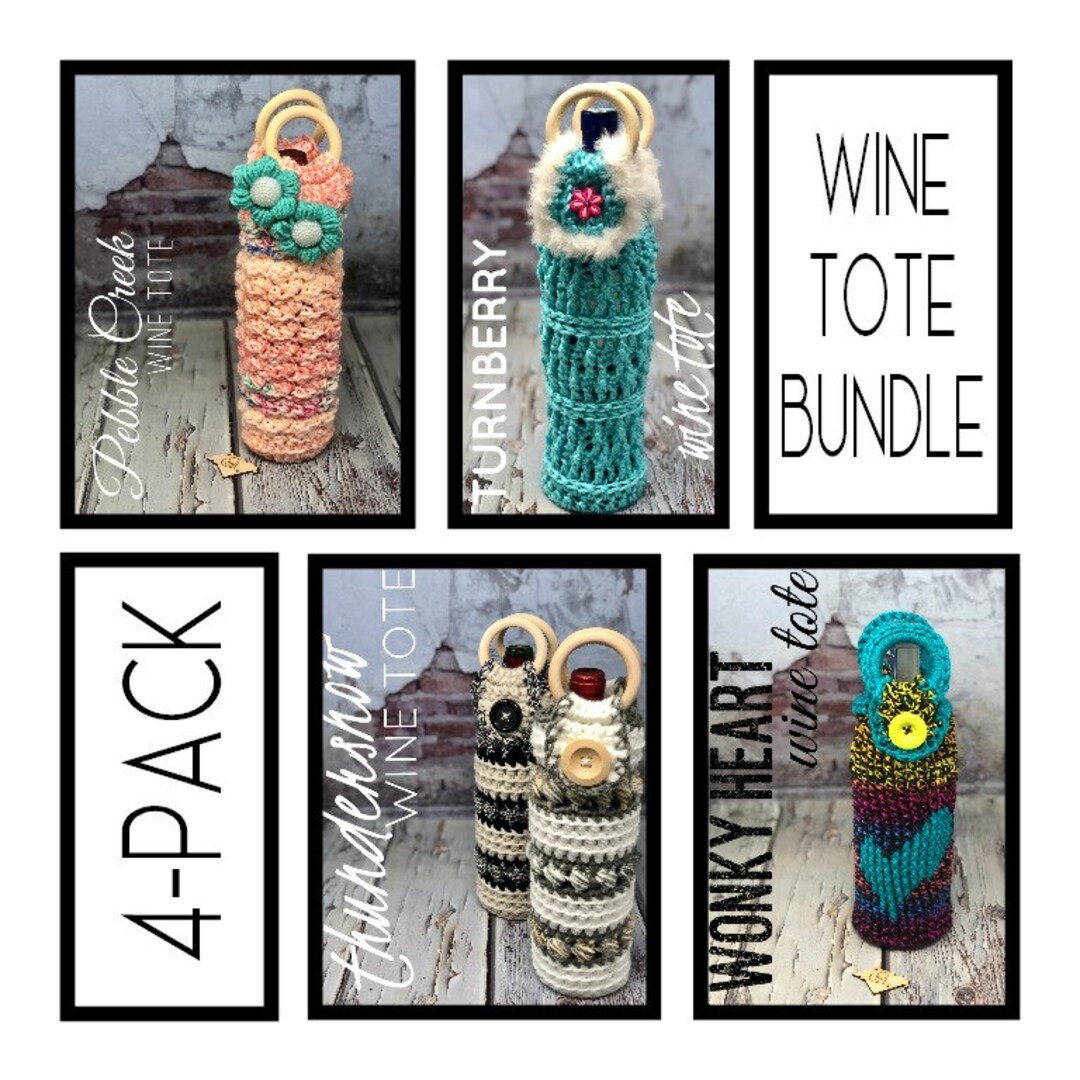 Wine Tote Bundle, Crochet Patterns, Four Pack, DIY, Gift Bag, Winery ...