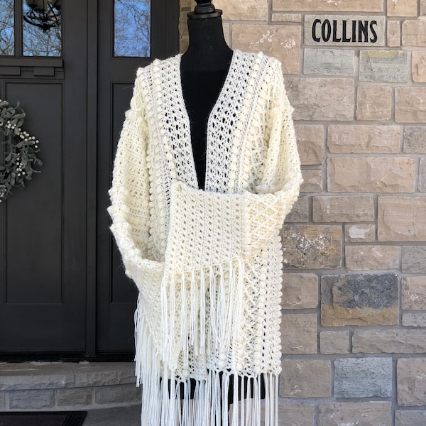 Patrón de cárdigan estilo bohemio con flecos y mangas acampanadas (patrón PDF), corte corto, largo a medida