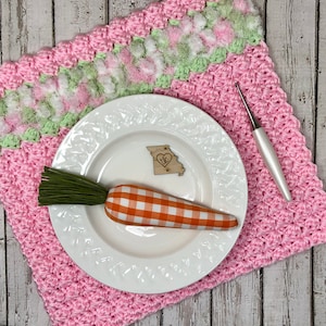 May include: A pink crocheted placemat with a white and green border. A white plate with a carrot and a wooden heart-shaped state of Missouri on top sits on the placemat. A crochet hook is on the right side of the image.