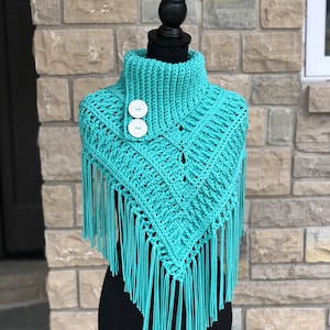 Turnberry Turtle Neckie, Crochet Pattern, Triangle Scarf, Fringe, Shawl, Decorative Buttons (PDF Pattern)