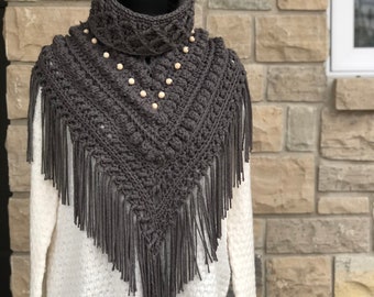 Boho Beaded Turtle Neckie, Crochet Triangle Scarf Pattern, Crochet Turtle Neck, Crochet Dickie, Fringed Scarf Pattern, Beaded Triangle Scarf