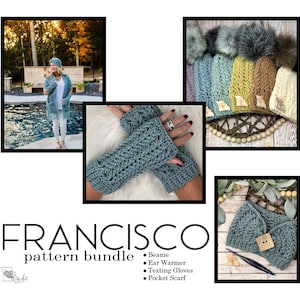 Francisco Crochet Pattern Bundle, Pocket Scarf, Crochet Beanie, Crochet Texting Gloves, Crochet Stocking, Market Bag Pattern, Ear Warmer