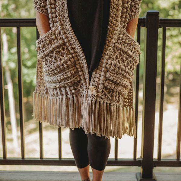Boho Beaded Pocket Scarf Pattern, Shawl (PDF pattern), Crochet Pocket Scarf, Shawl, Bobble Crochet, DIY, Pockets, Handmade Gift