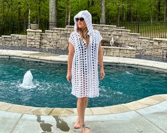 Breezy Hooded Swim Cover, Cover-up, Beach Wear, Swimsuit Cover, Hooded Swim Cover, Crochet Swim Cover, Hooded Beach Swimsuit Cover Up, Tunic