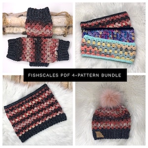 FishScales 4-Pack PDF Pattern Download Bundle, EASY Crochet Beanie, Ear Warmer, Cowl, Leg Warmers, Multiple Sizes, Mens, Womens, Kid Beanie