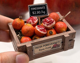 Miniature Pomegranate Crate Fridge Magnet | Handmade Fruit Basket Magnet | Farm Fresh Mini Fruit Decor | Rustic Wooden Crate Gift