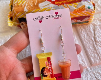 Miniature Chai Parle-G Earrings -Miniature Food Jewelry, Food earrings, Chai Lover, Mini Food Clay Earrings, Mini chai Biscuit snacks