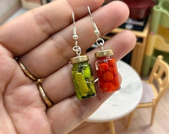 Miniature Pickled Vegetable Earrings, Realistic Jar Food Earrings, Handmade Tiny Food Jewelry, Tiny Glass Jar Dangle Earrings