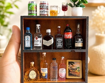 Miniature Bar Shelf Set Magnet ,Handmade Wooden Alcohol Cabinet with Mini Bottles, Dollhouse Bar Display, Collectible Bar Decor Gift