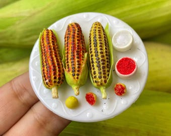 Mini Masala Corn Platter Magnet – Handmade Grilled Corn on Cob with Spices | Dollhouse Kitchen Food Decor | Fridge Magnet Collectible