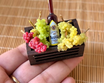Miniature Vineyard Crate Magnet ,Tiny Wine Bottle & Grapes Decor, Handmade Dollhouse Food Magnet | Tiny Vineyard Kitchen Fridge Decor