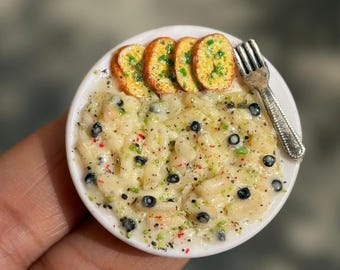 Miniature Creamy White Sauce Pasta with Garlic Bread Fridge Magnet | Clay Food Art Collectible | Unique Kitchen Décor & Gift for Food Lovers