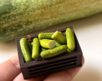 Miniature Cucumber Crate Magnet | Handmade Dollhouse Food Miniature | Tiny Kitchen Fridge Decor Gift | Realistic Vegetable Crate