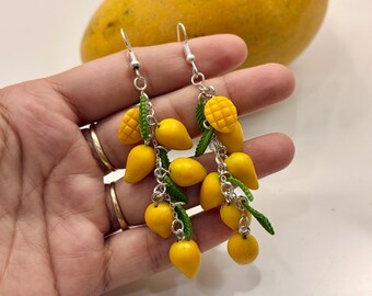 Miniature Tropical Mango Bunch Earrings –Handmade Tropical Fruit Charm, Food Jewelry ,Cute Fruit Dangle Earrings, Polymer Clay Earrings