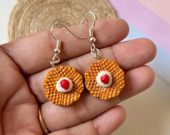 Miniature Waffle Earrings with Whipped Cream & Strawberry | Cute Handmade Food Jewelry | Unique Gift for Food Lovers, Miniature Clay Food