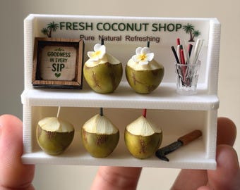 Miniature Fresh Coconut Shop Fridge Magnet | Realistic Coconut Water Stall | Tropical Food Miniature Gift , Kitchen Fridge Decor Gift