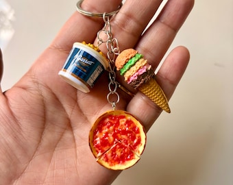 Handmade Miniature Snacks Food Keychain, Tiny Pizza, Popcorn & Ice Cream Cone Charm Cute Food Lover Gift Combo Meal Keychain,Dollhouse Food
