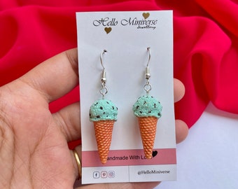 Miniature Mint Ice cream Earrings -Miniature Food Jewelry, Food earrings, Food Jewelry, Mini Clay Ice cream, Dollhouse Miniature Food