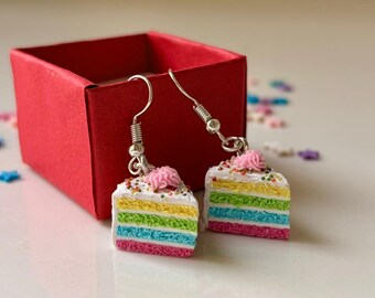 Mini Rainbow Cake Slice Earrings – Cute Handmade Dessert Jewelry, Colorful Kawaii Cake Earrings, Unique Food Jewelry Gift