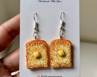 Mini Butter Toast Earrings – Handmade Realistic Miniature Bread Slice Jewelry | Breakfast-Inspired Gift, Food Jewelry, Polymer Clay Earrings