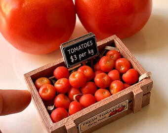 Miniature Cherry Tomato Crate Magnet,Handmade Dollhouse Food Miniature | Tiny Farm Fresh Kitchen Decor,Farmers Market Dollhouse Decor