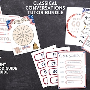 Puede incluir: Un paquete de tutoría Classical Conversations con materiales educativos en rojo, blanco y azul. Incluye encabezados de materias, una ruleta de ciclo tres, una guía del método científico, enfoque en habilidades de presentación y horario.