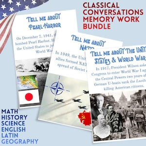 May include: A Classical Conversations Memory Work Bundle featuring three educational cards with historical text and imagery. The cards include titles like Tell Me About Pearl Harbor, Tell Me About NATO, and Tell Me About The United States & World War I.