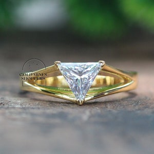 Triangle Cut Solitaire Engagement Ring, Split Shank Solitaire Rings for Her, Trillion Prong Set Diamond Wedding Ring, 14K White Gold Ring
