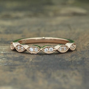 Milgrain Wedding Band, 14k Rose Gold Moissanite Band, Art Deco Milgrain Matching Anniversary Band, For Women, Stackable Half Eternity Band