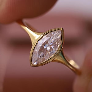 14K Yellow Gold Engagement Ring, Marquise Cut Wedding Ring, Colorless Lab Grown Diamond Ring, Full Bezel Set Solitaire Ring, Delicate Ring