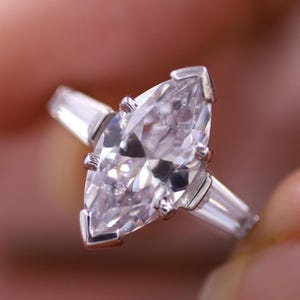 Marquise Cut Lab Grown Diamond Ring, Unique IGI Certified Three Stone Ring, Baguettes Side Diamond Ring, 14K Yellow Gold Engagement Ring