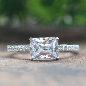 2 Carat Radiant Cut Diamond Ring in East to West Setting, Moissanite Diamond Ring for Women, Pave Engagement Ring, Gifts for Her
