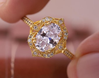 2.0 Carat Oval Cut Moissanite Engagement Ring, Antique Vintage Art Deco Wedding Ring, 925 Silver Milgrain Around Diamond Promise Ring