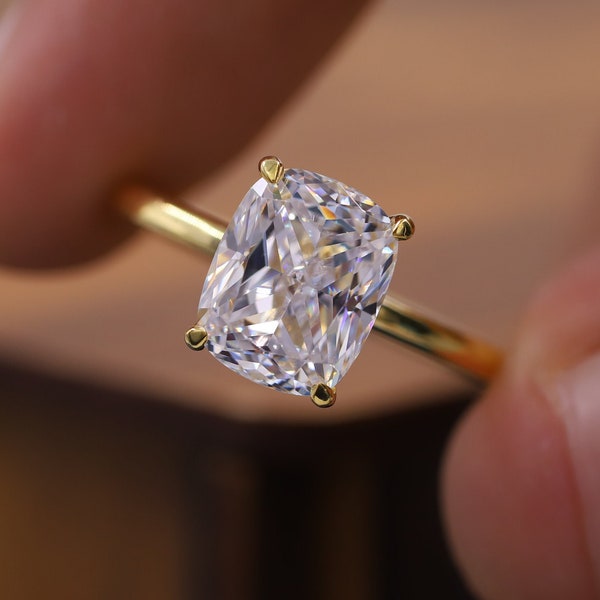 2.5 Carat Elongated Cushion Cut Moissanite Engagement Ring, Solitaire Wedding Ring, Cushion Cut Ring, 14K Solid Yellow Gold Cushion Ring