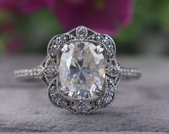 Antique Art Deco Diamond Ring, Vintage Wedding Ring, 2.5 CT Oval Cut Moissanite Engagement Ring, 14K Rose Gold Milgrain Ring, Valentine Gift